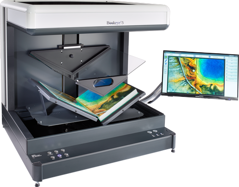 Farbaufsichtsscanner / Buchscanner für Formate A2+
(14% größer als DIN A2, 460 x 620 mm).
Mit selbstausgleichender und V-förmiger Buchwippe und motorischer Glasplatte. 