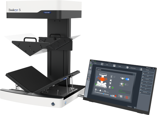 Overhead color book scanner / for formats 50 % larger than A3 (390 x 480mm / 15.3 x 18.9 inch). 
Magnetically coupled V-shaped book cradles 120 - 180 degrees. 