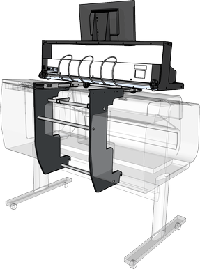 Im Lieferumfang des WideTEK® 36CL-600-MF1 ist ein spezieller Canon-Unterstand enthalten. Mit diesem werden Scanner und Drucker zu einem integrierten, platzsparenden System (schematische Darstellung).